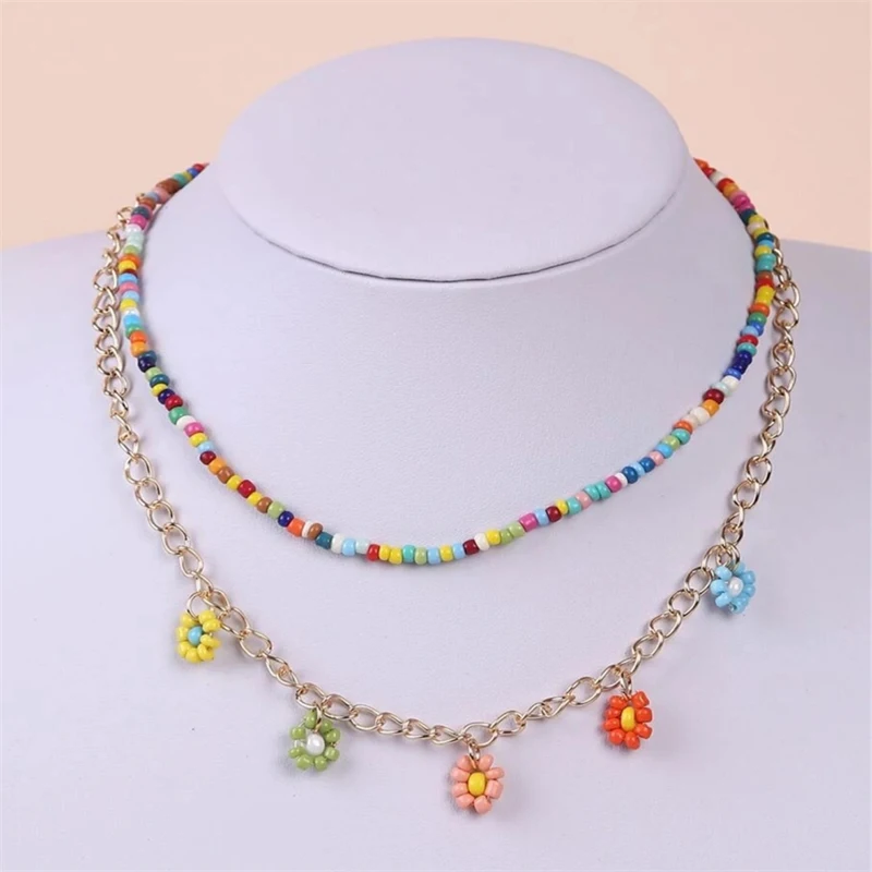 

2 pieces/setBohemian Hand-woven Rice Beads Flower Multilayer Necklace Beach Style Beaded Ladies Necklace collar perlas