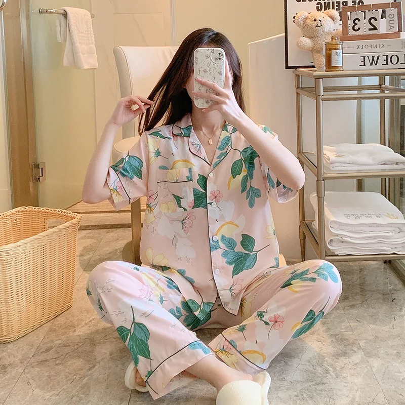 Cotton silk pajamas women's summer new style printed short-sleeved cardigan two-piece suit spring and autumn thin ladies home