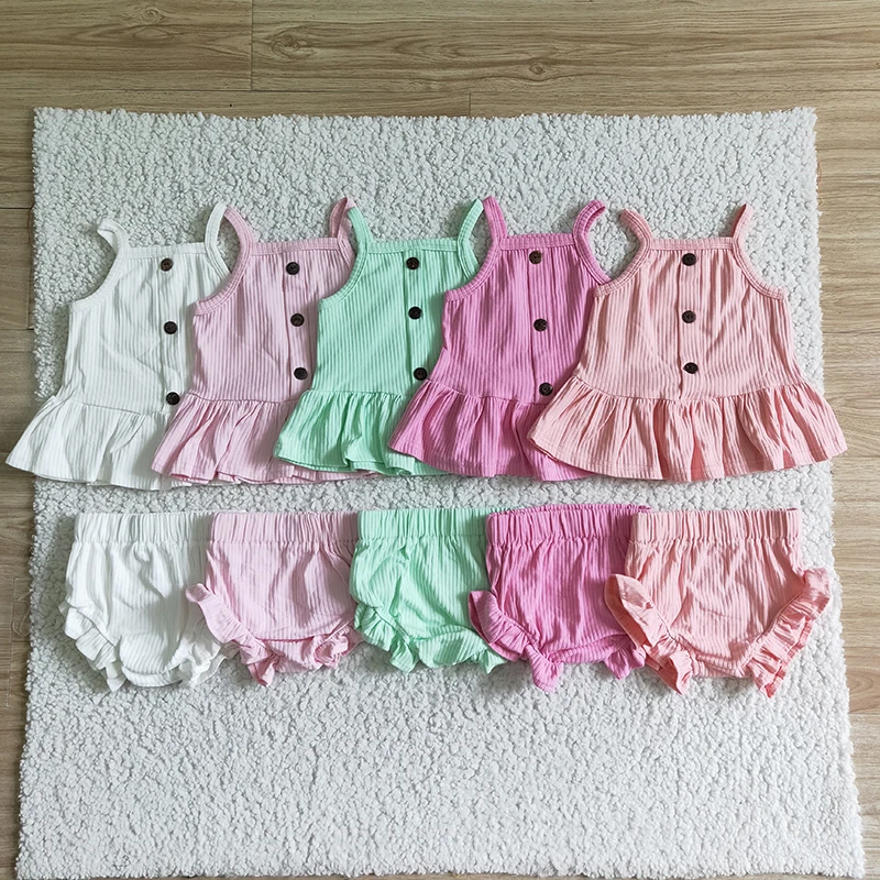 

Factory wholesale children's clothing summer baby newborn little girl's bummies outfits candy color suspender tops shorts sets