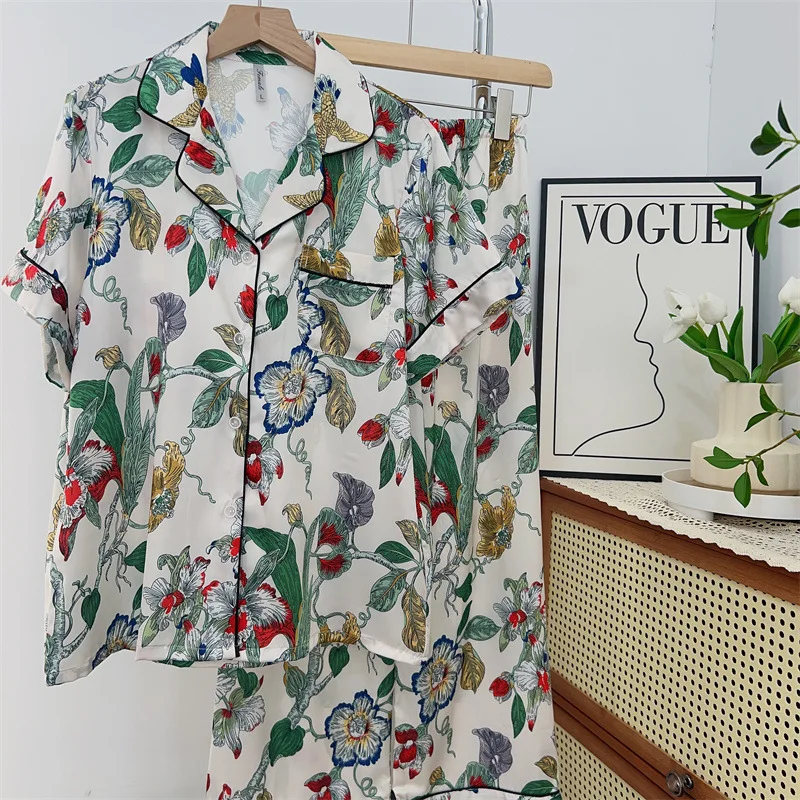 Весенне-летний женский пижамный комплект одежда для сна костюм с цветочным