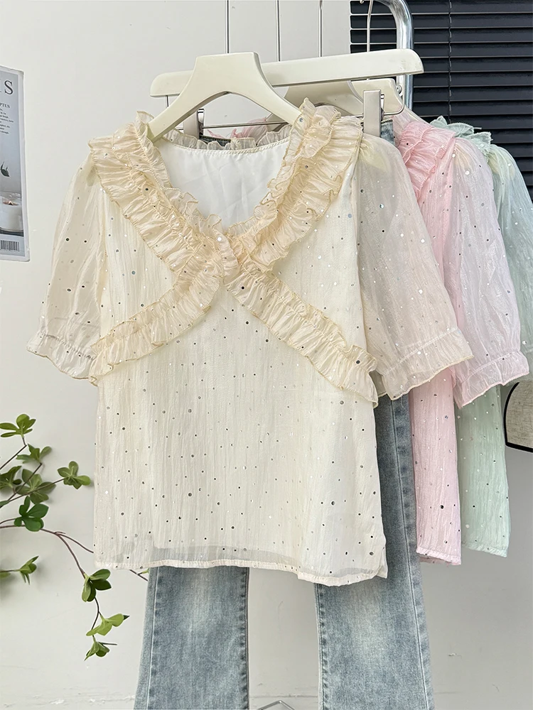 ight женская милая блестящая лоскутная кружевная рубашка с v-образным вырезом и