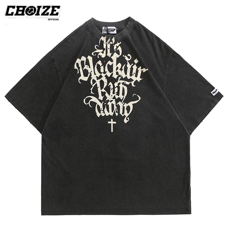 

Fashion Washed Letters Cross Printed T-shirt Oversized T Shirt Men hip hop Streetwear Cotton Tops Tees Harajuku Mens T Shirts