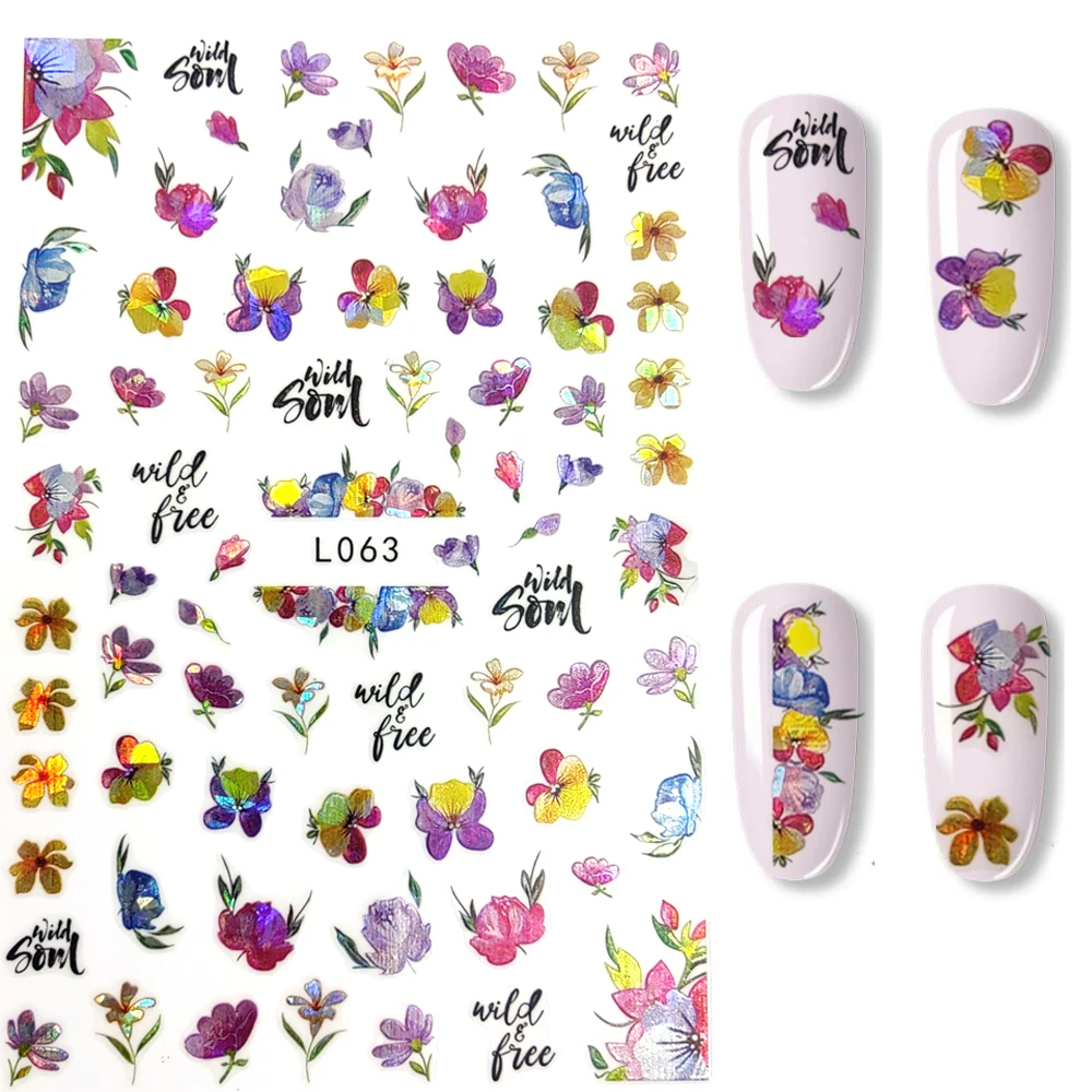 

Лазерные 3D наклейки для ногтей, светоотражающие цветы, цветной флорет, украшения для ногтевого дизайна, слайдеры, фольга, аксессуары для ман...