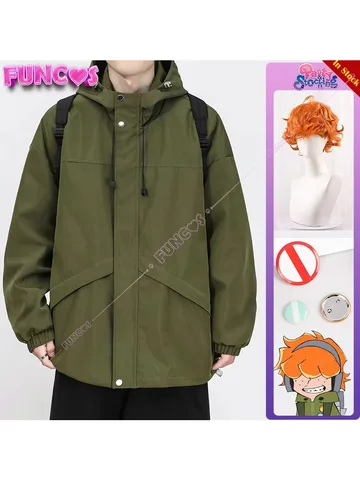 Трусики и чулки с подвязками Burifu, уличные куртки для косплея, значок для парика, оранжевый короткий вьющийся парик, зеленое пальто, толстовка с капюшоном, аниме Cos Set