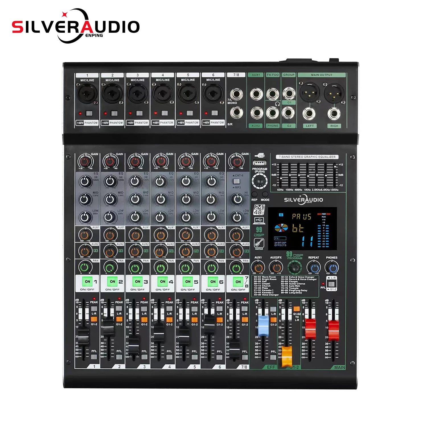 GAX-GS8 professional 24-bit 48V audio mixer with MP3 USB recording 99DSP mixer LED display for live streaming content creation