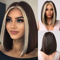 short bob synthetic wigs brown with blonde highlight straight wig middle part for women lolita party natural wigs heat resistant