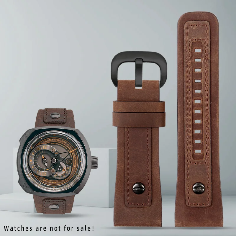 

Genuine Leather Watch Band For Seven P1 P2 S2 M2 Q2 03 01 02 Men's Watch Strap Brown Cowhide Accessories 28mm Watchband