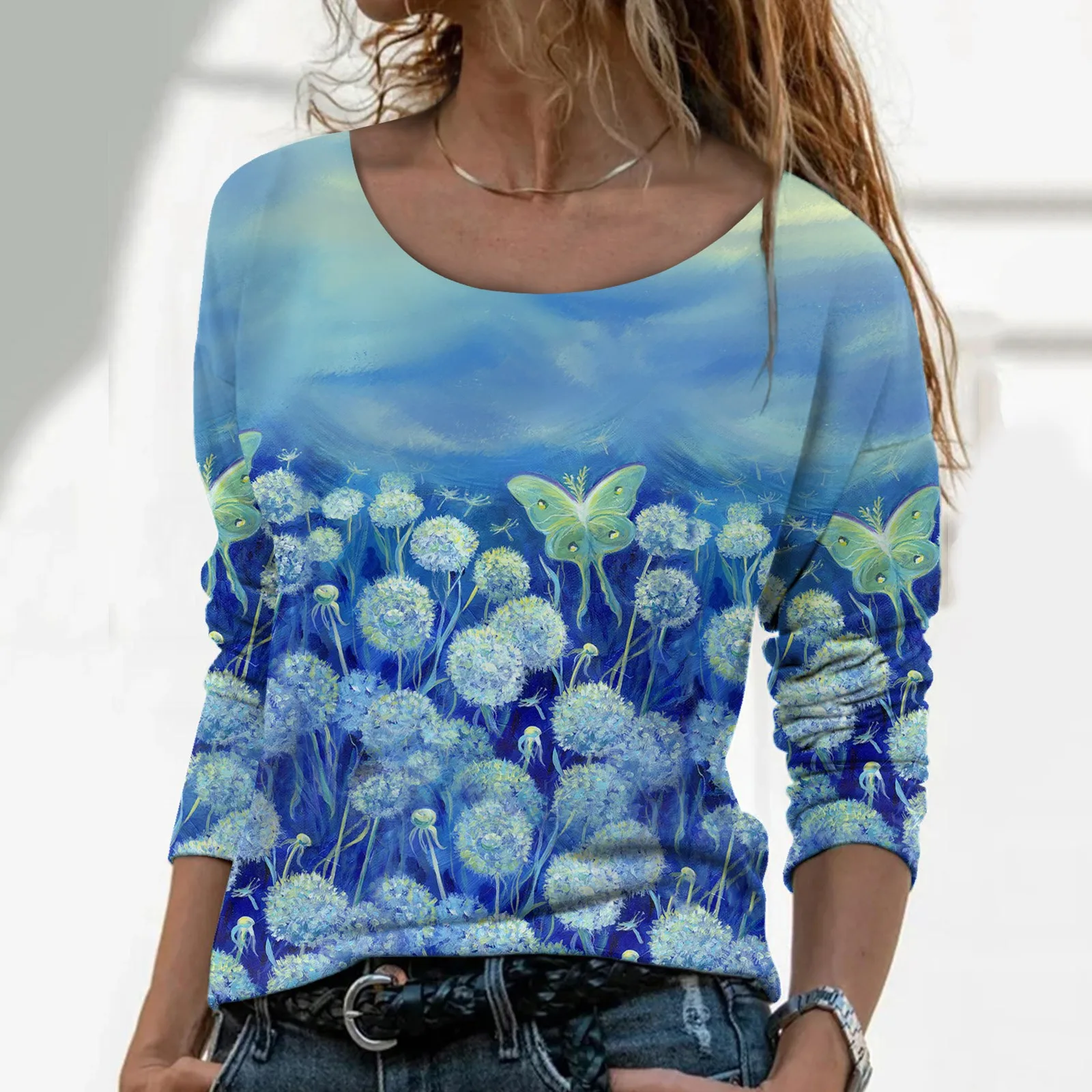 

Women Clothing Printed Dress Feather Women Floral T Shirt Flower Scenery Painting Long Sleeve Print O Shirt for Women Purple