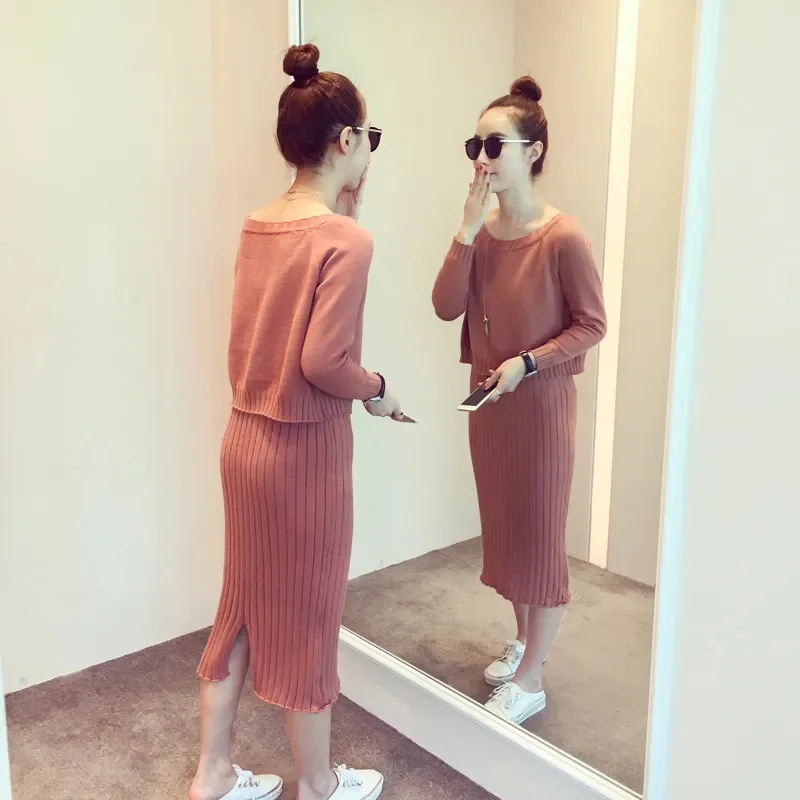 Корейский женский комплект из двух предметов Vestidos джемпер вязаное платье