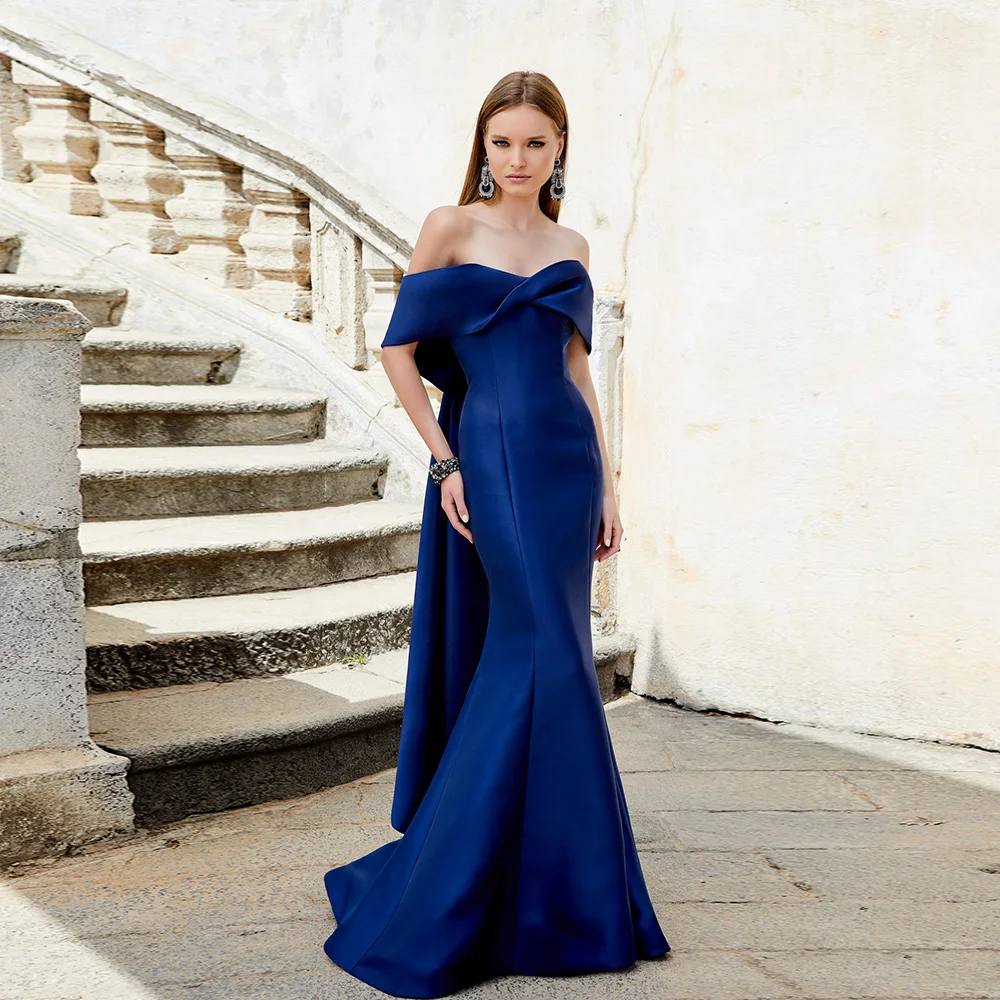 

Elegant Navy Blue Evening Dresses Off the Shoulder Mermaid Wedding Party Gowns Floor-Length Satin Robe De Soirée Femme 2023