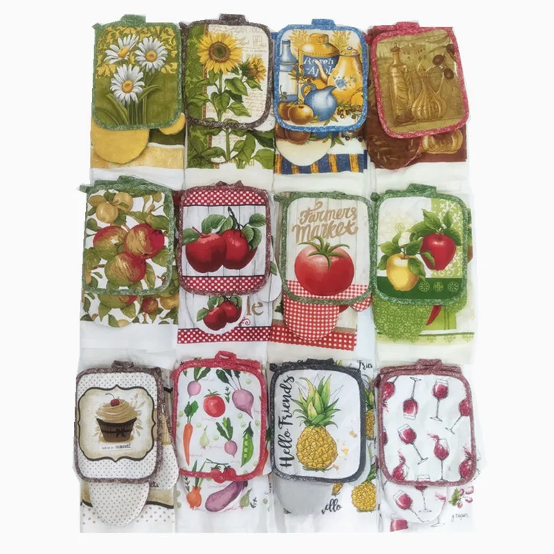 

3Pcs/Set Cotton Flower Fruit Printed Printed Kitchen Microwave Oven Glove + Insulation Pad + Hand Towel Baking Tools