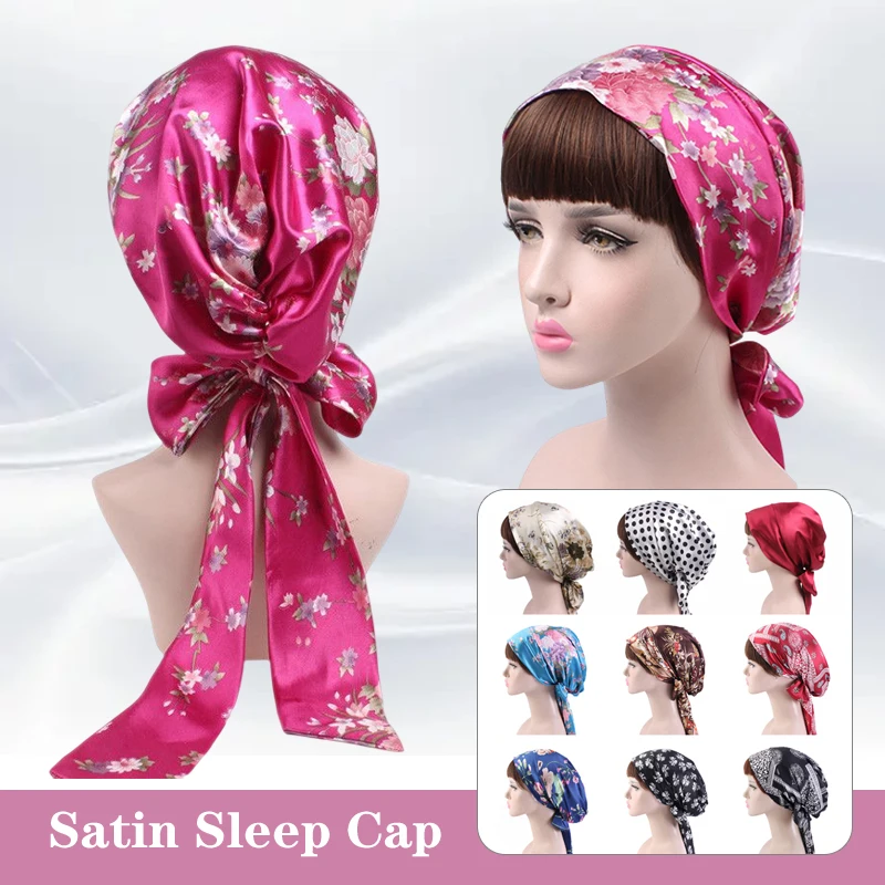 

Women's Nightcap Printing Ribbon Bow Scarf Cover Hair Care Nightcap Silk Production Chemotherapy Shampoo Long Tail Braid Hat New