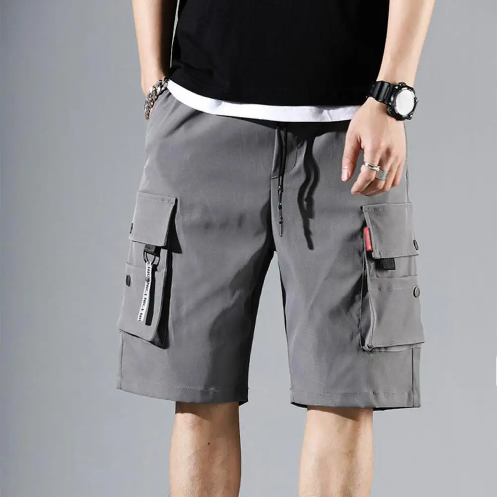 

Men Shorts Summer Elastic Waistband Drawstring Shorts Solid Color Straight Wide Leg Mid-rise Sport Cargo Shorts Streetwear