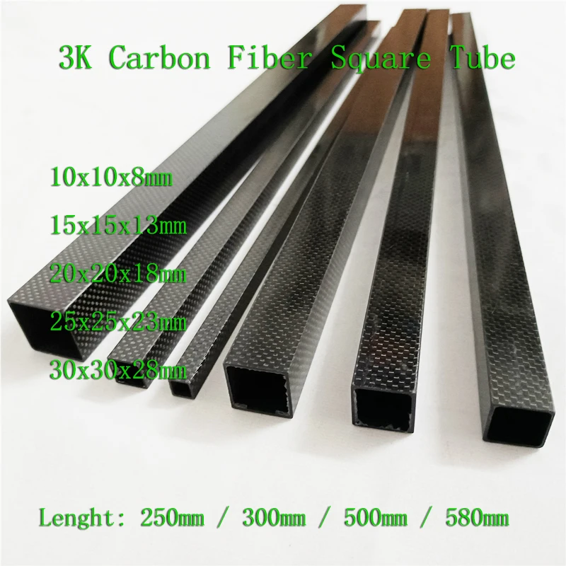 

3K Full Carbon Fiber Square Tube High Strength OD 10mm 15mm 20mm 22mm 25mm 30mm Plain Glossy Surface 250mm 300mm 500mm 580mm