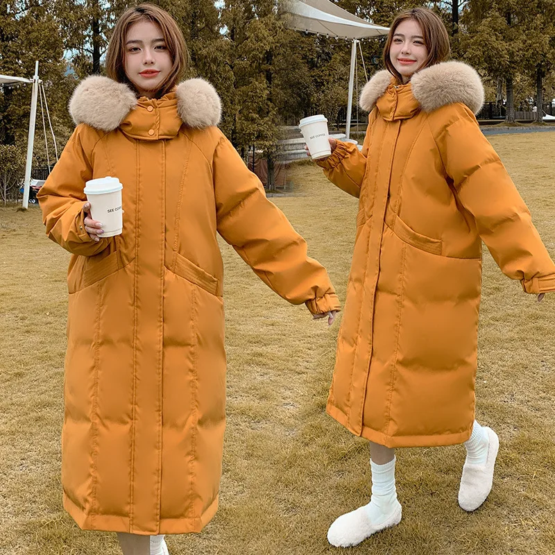 2022 Down Jacket Women Hooded Thickened 90% White Duck Down Fox Fur Collar Long Coral Yellow Large Coats Color Warm Soft Jackets