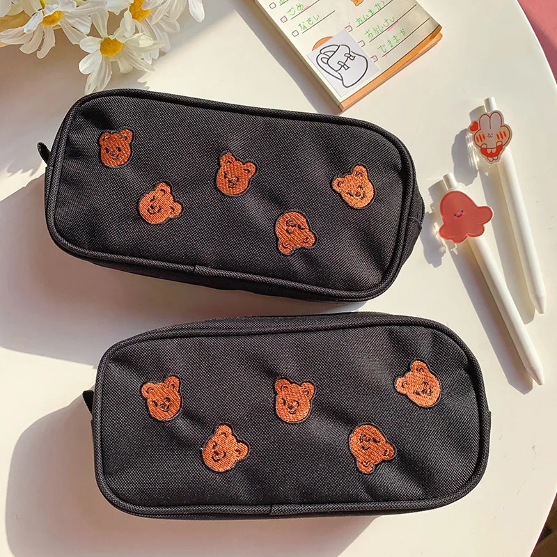 

Black Cartoon Bear Embroidery Pencil Case Pen Holder Canvas Pencil Bag Portable Zipper Pencil Holder School Stationery Supplies