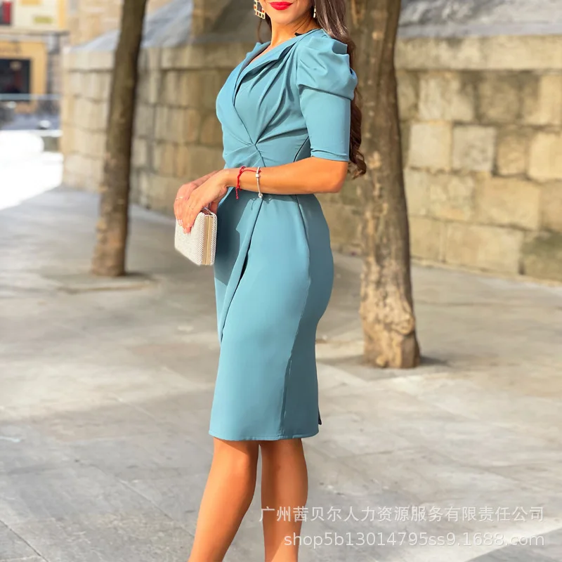 

Summer Solid Color High Waist Crimp Dress Women Dress Women Sexy Short Puff Sleeve V-neck Fake Two-Piece Business Suit Dress