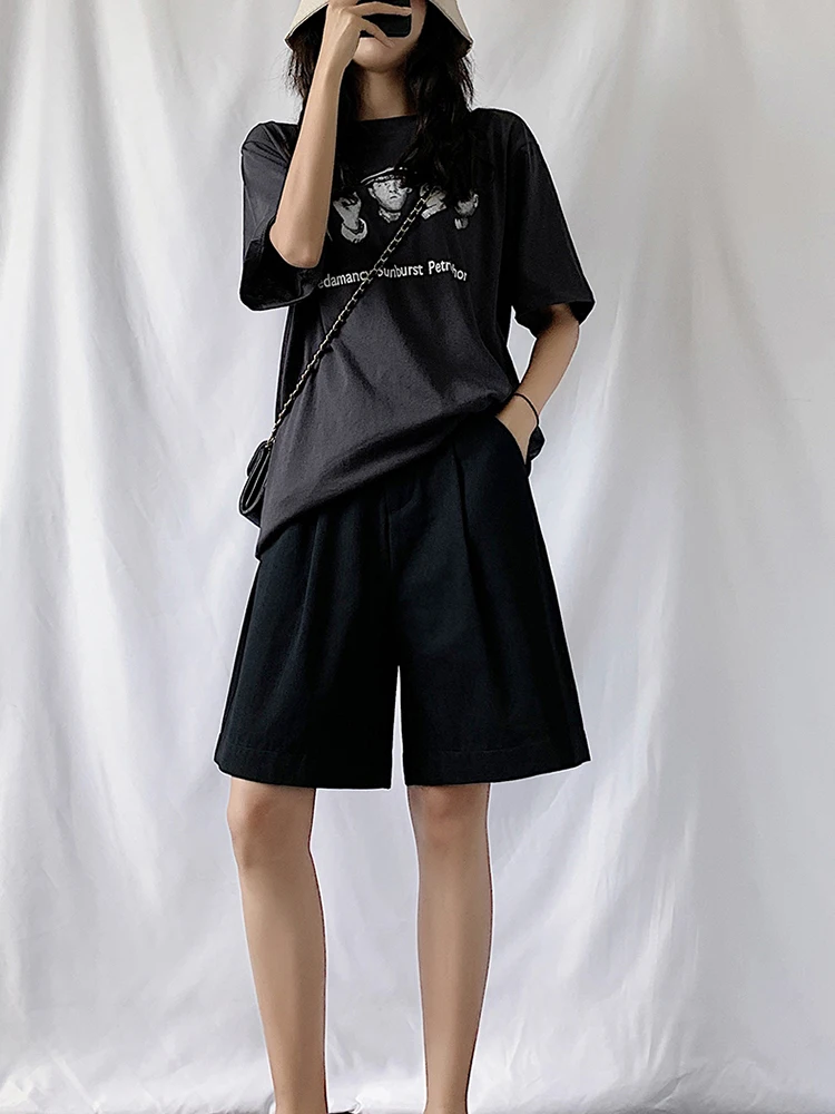 DFRCAEG 2023 Summer Bermuda Shorts For Women High Elastic Waist Wide Leg Loose Suit Pants Free Belt Casual Half Pants Femme