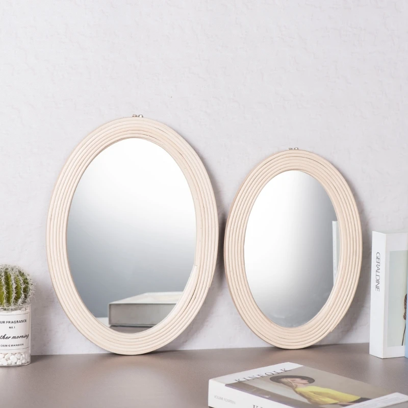 

Rattan Innovative Art Decor Oval Makeup Mirror Dressing Bathroom Wall Hanging Mirror Wall Mounted Makeup Mirror Decor