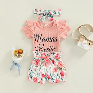 3pcs Infant Baby Girls Suit Letter Printed Short Sleeve Romper Tops+Floral Printed Short Pants with 