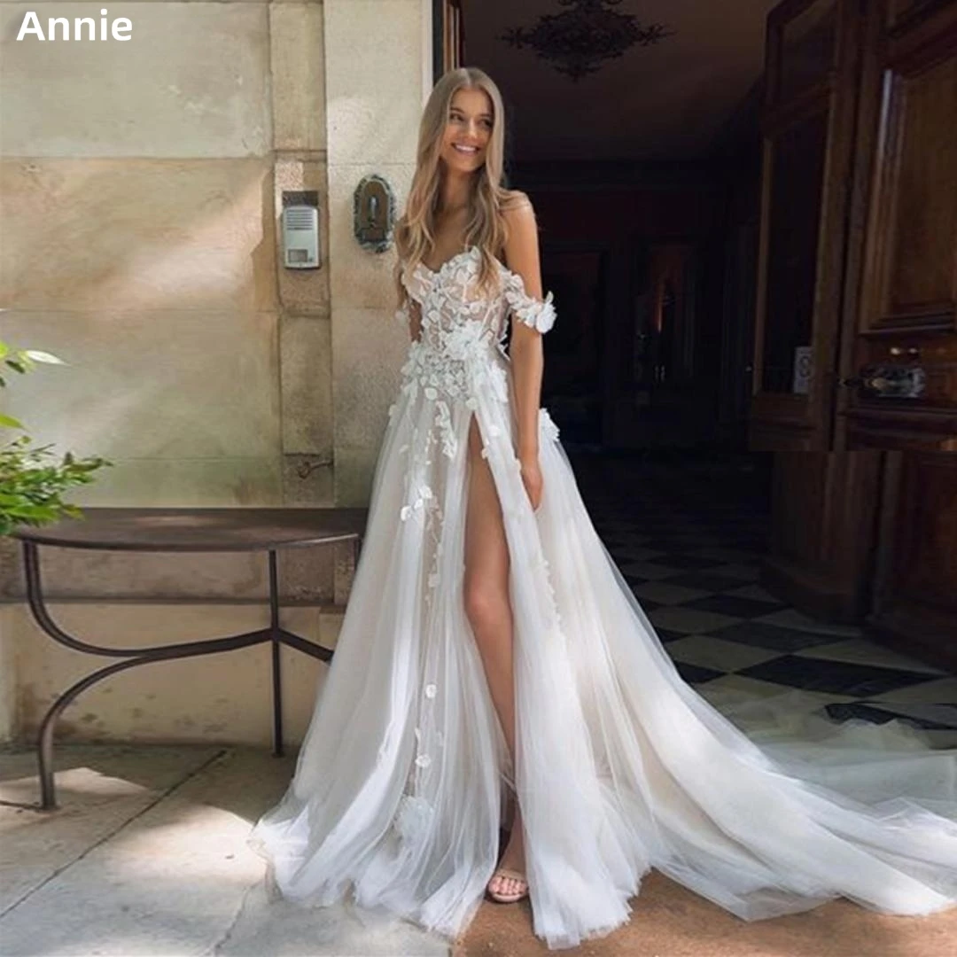 

Annie off-Shoulder Appliquéd Lace Evening Dress Sexy Slit Vestidos De Noche Bridesmaid Dress White Wedding Dress