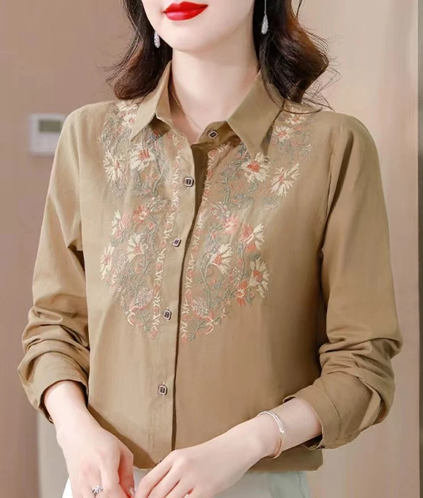 

Cotton Linen Embroidery Shirt Women's Autumn 2023 New Fashion Top Long Sleeved Casual Blouse Female Blusas