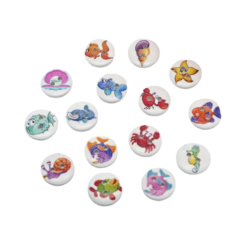 

200PCs Random Mixed Decorative Buttons Sea creatures 2 Holes 15mm Sewing Wooden Buttons Flatblck Scrapbooking