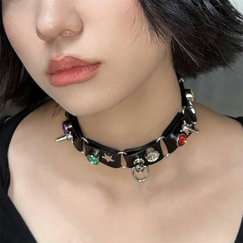 

2023 New Shiny Zircon Necklace For Women Korea Fashion Punk PU Leather Choker Collar Chain Jewelry Cool Stuff Couple Accessories