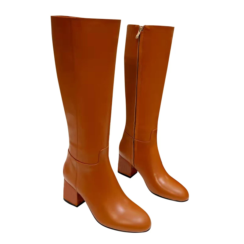 

Autumn 2023 new winter single boot high heel boot medium boot small thick heel ankle boot round toe leather elastic boot