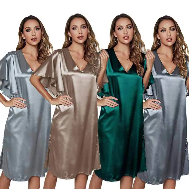 Pajamas Women Imitation Silk Home Clothes Solid Color V-neck Ice Silk Satin Nightdress Summer Night Wears for Women