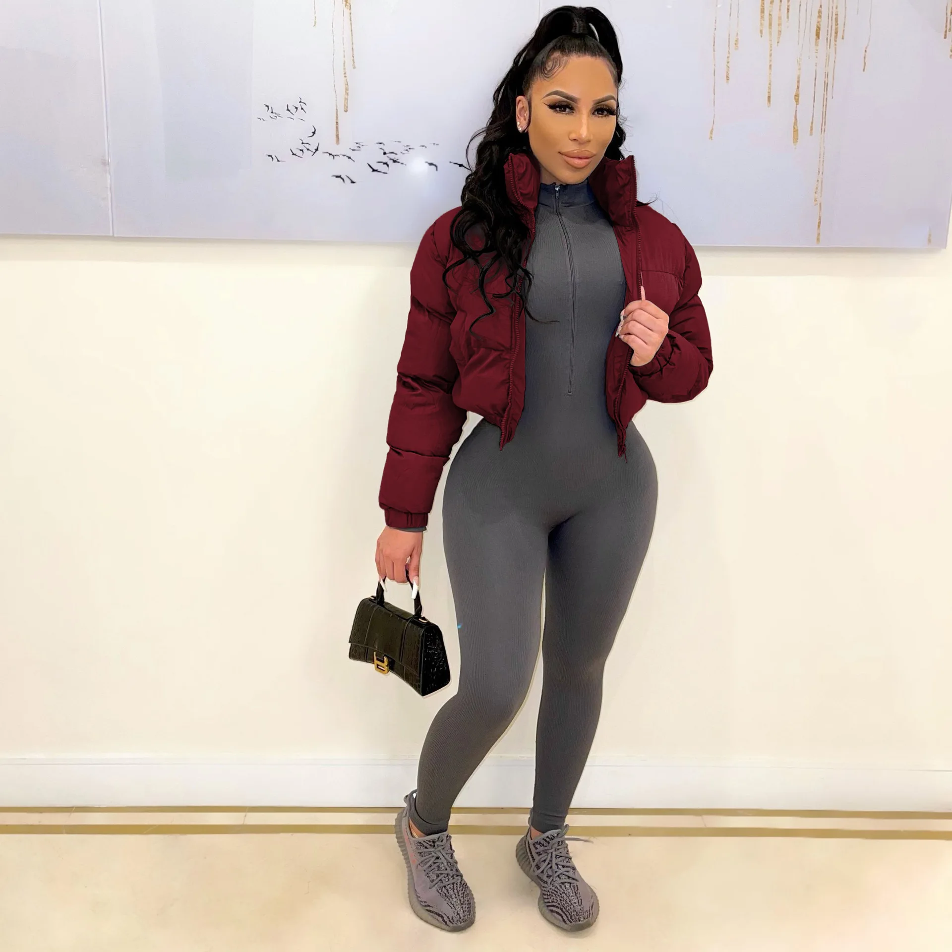 Sari Women Winter Long Sleeve Zipper Puffer Jacket Stand Collar Warm Parka Fashion Short Outwear Thick Down Bubble Coats