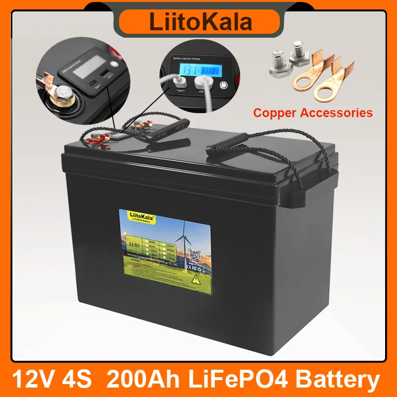 

LiitoKala 12,8 V 200Ah LiFePO4 батарея с 12V 4 строками BMS защита для RV Campers Golf Cart Off-Road Solar Duty-free