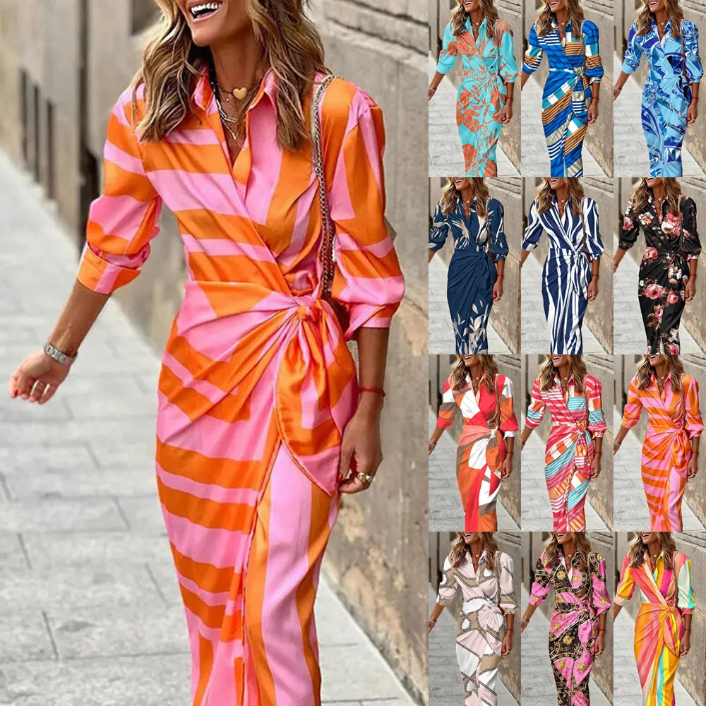 

2022 women's new fashion print lapel mid-length shirt waistband lace-up dress