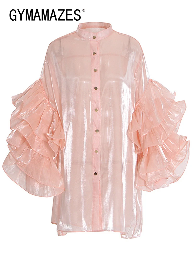 

GYMAMAZES Individuality Loose Blouses For Women Stand Collar Flare Sleeve Patchwork Ruffles Solid Shirts Female Clothing Fashion