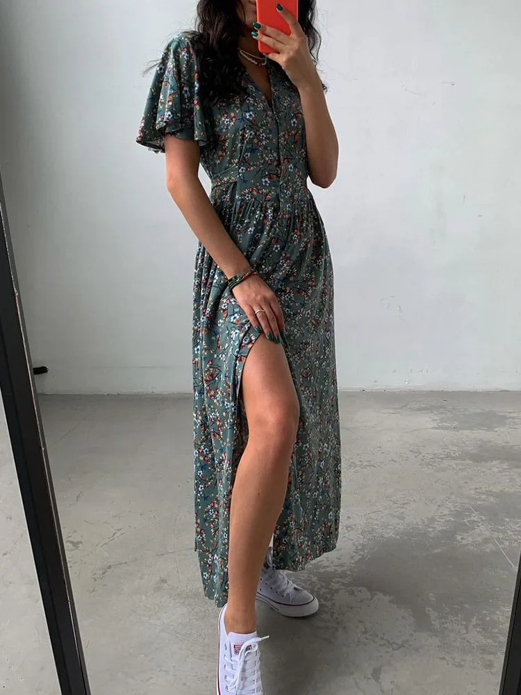 

Женское элегантное платье с коротким рукавом, повседневное простое длинное платье с V-образным вырезом и цветочным принтом в стиле Харадзюк...