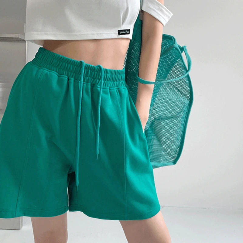 2022 Summer Casual Shorts Women Solid Color Elastic Waist Wide Leg Shorts Woman Blue Green Black Loose Sports Short Pants