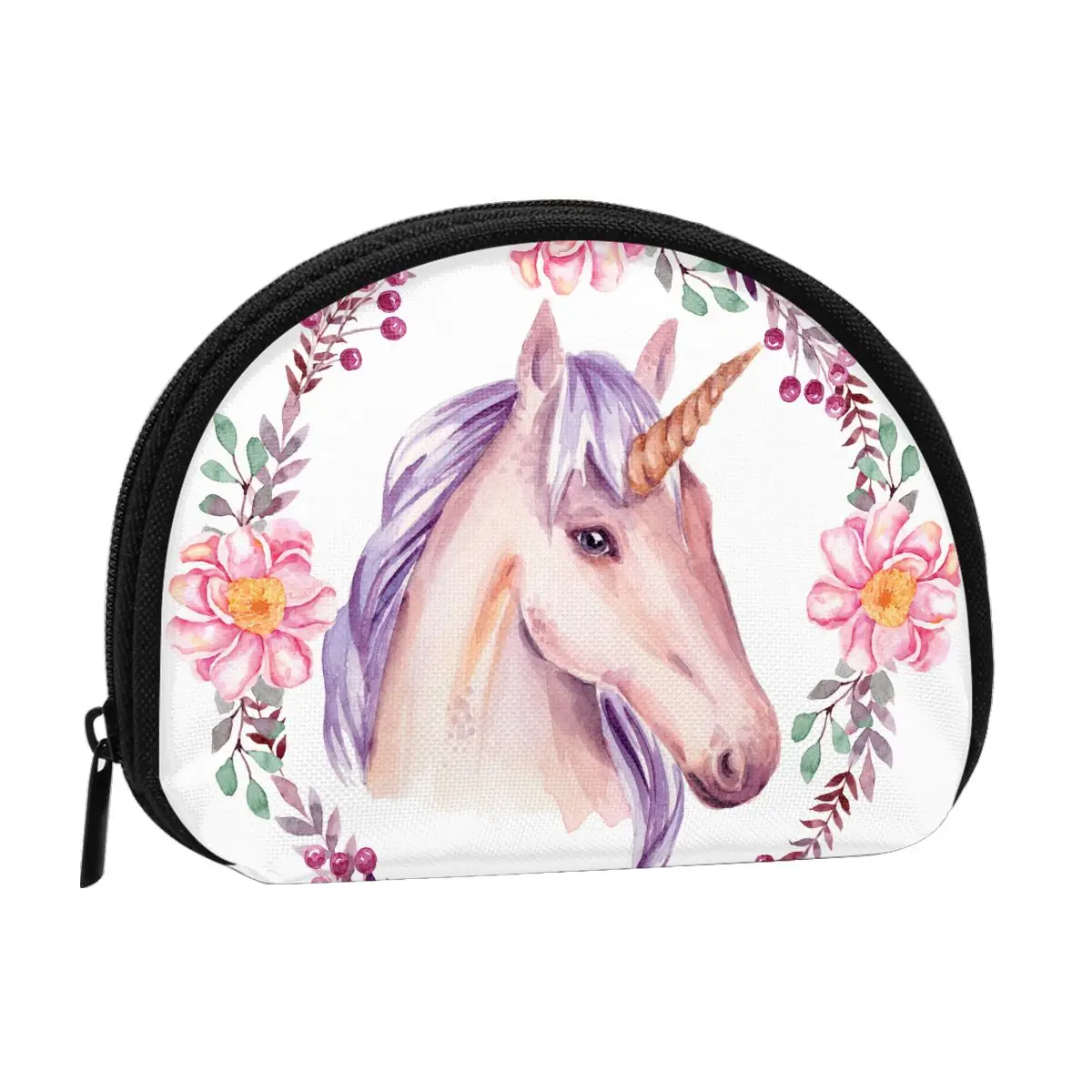 Women Wallets Zipper Small Wallet Short Credit Card Coin Purse FemaleWatercolor Unicorn With Floral Frame