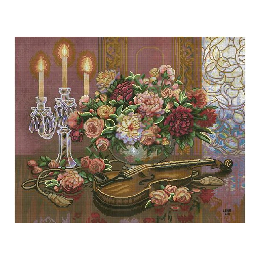 

MM Top Quality Hot Selling Lovely Counted Cross Stitch Kit Romantic Floral Flower and Violin dim 35185