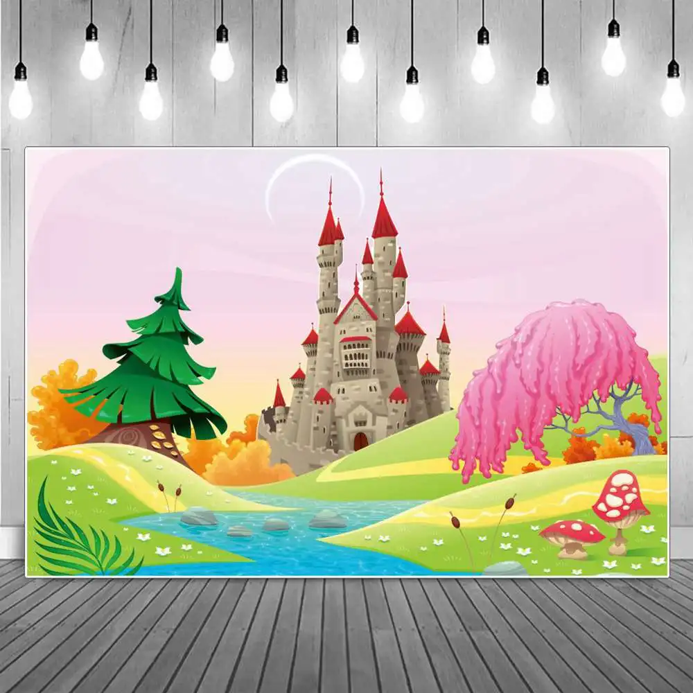 

Birthday Photography Backdrops Decoration Castles Children Spring Flower Trees River Green Grass Party Studio Photo Backgrounds