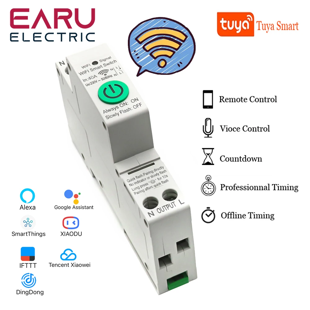 

1P+N Din Rail WiFi Circuit Breaker Smart Timer Switch Relay Remote Control By Tuya APP With Smart Home Voice Alexa Google Home