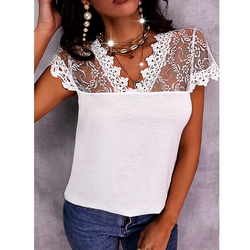 

Blouse Women Lace V Neck Short Sleeve White Shirts Summer Elegant Ladies Fashion Backless Slim Flit Sexy Tops Shirt Blouses 2022
