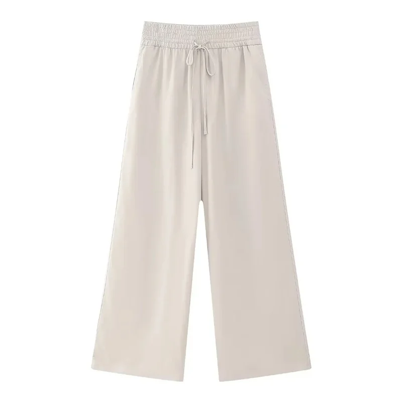 

TRAF 2023 High-waisted Wide Leg Pants For Women Casual Adjustable Elastic Drawstring Waistband Comfortable Beige Wide Leg Pant