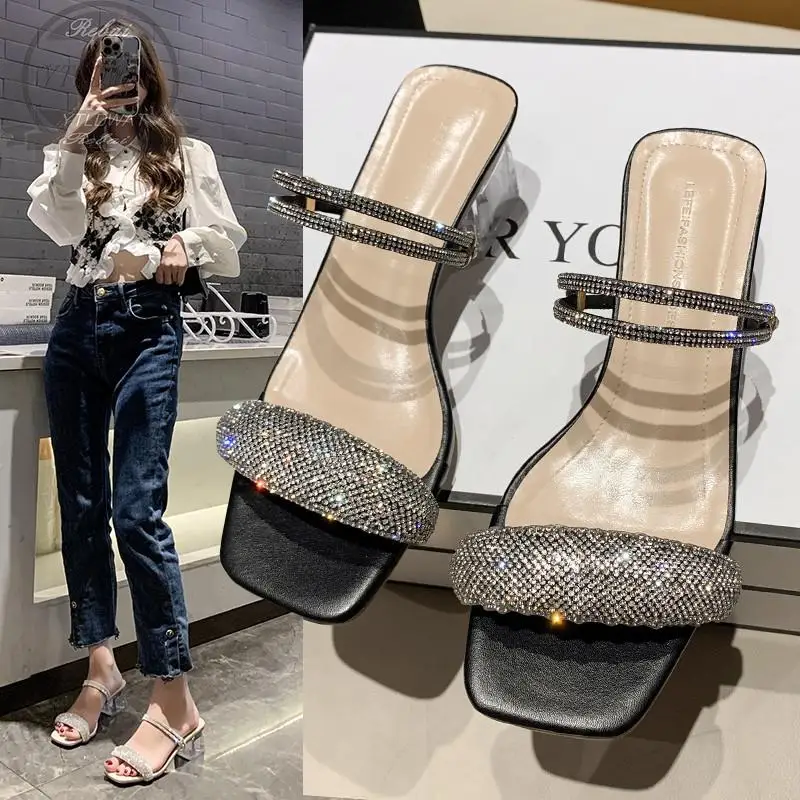 2022 Summer Female Sandal Sale Of Women's Shoes Med Square Toe High Heels Buckle Strap Girls New Beige Medium Rhinestone YTLDWAT