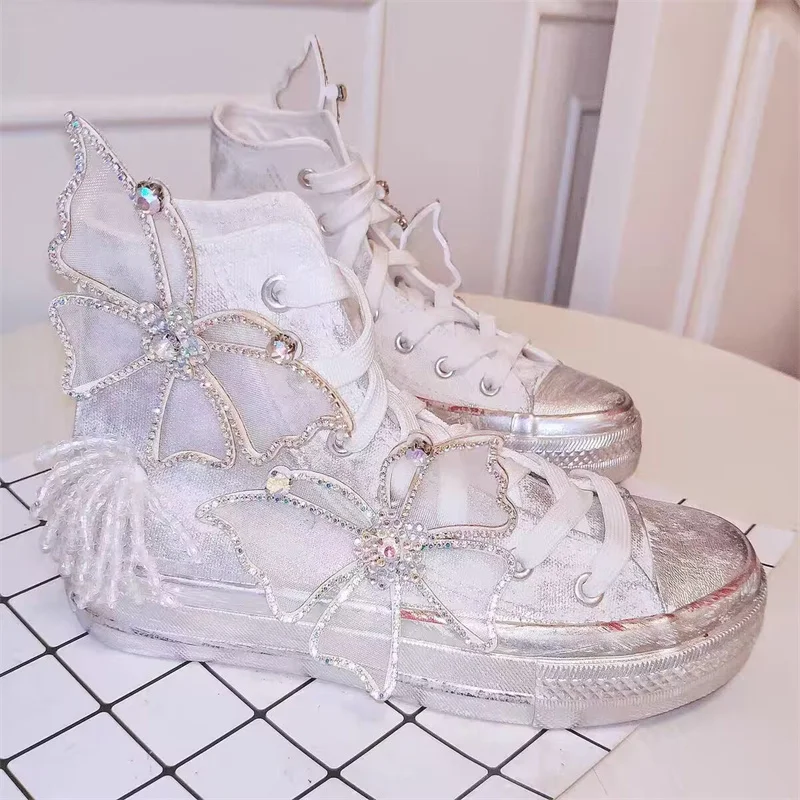 

Tassel rhinestone edging handmade custom high top canvas shoes casual fashion walking shoes women 35-46
