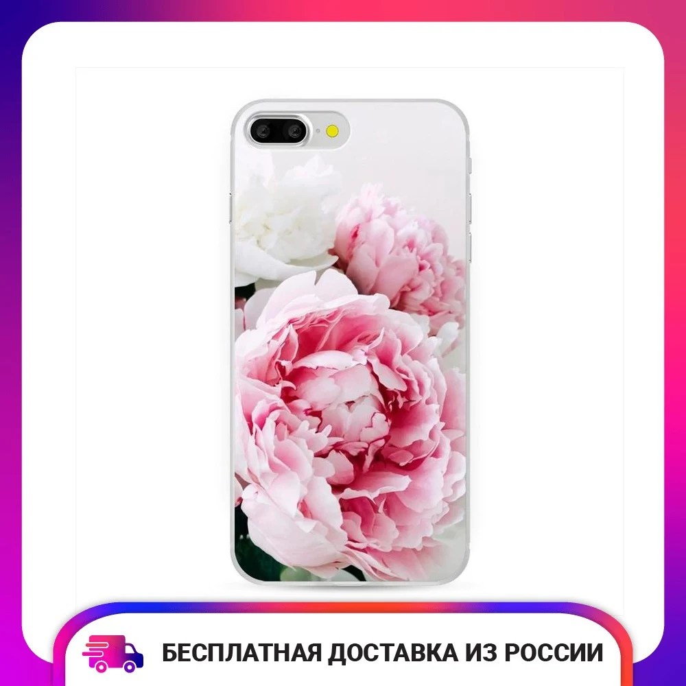 Силиконовый чехол для iPhone 7 Plus 8 Розовые и белые пионы Тонкий мягкий полуобернутый яркой печатью Аксессуары для телефона Защита мобильных смартфонов.