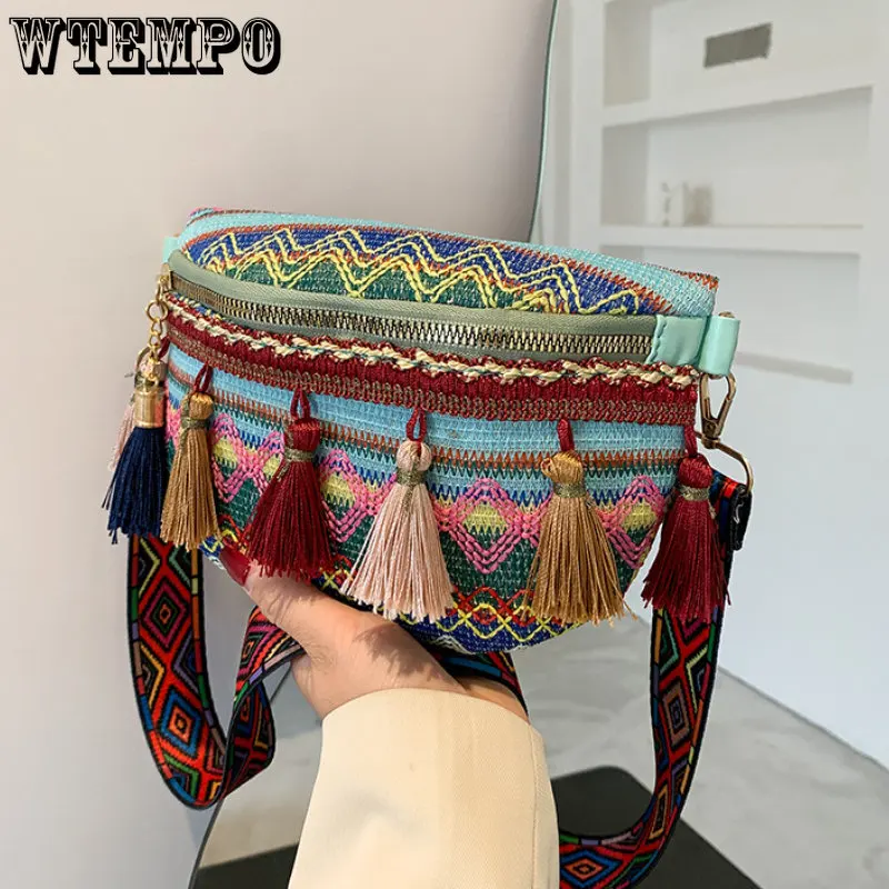 Folk Style Woven Messenger Bag Women's Tassel Waist Bag Retro Leather Shoulder Bag Xinkan Ladies Shoulder Bag Fashion Trend New