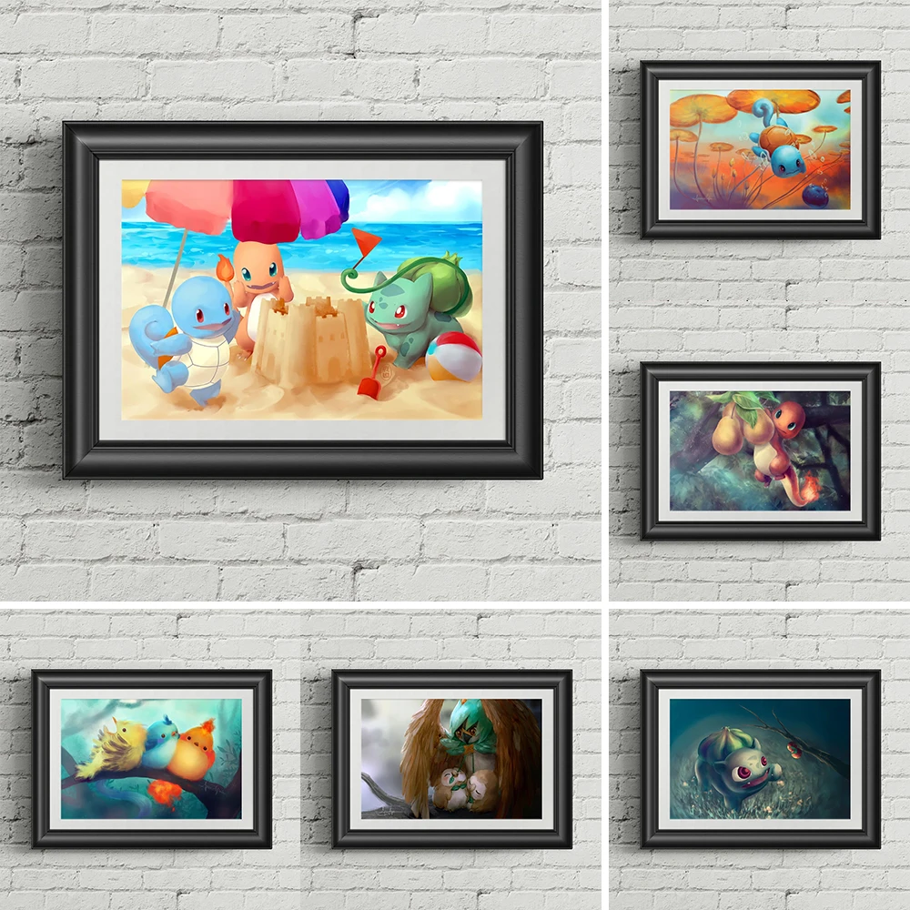 

Pokemon Japanese Anime Print Charmander Bulbasaur Squirtle Legendary Bird Poster Kids Room Bedroom Gifts Wall Art Decor Cudros