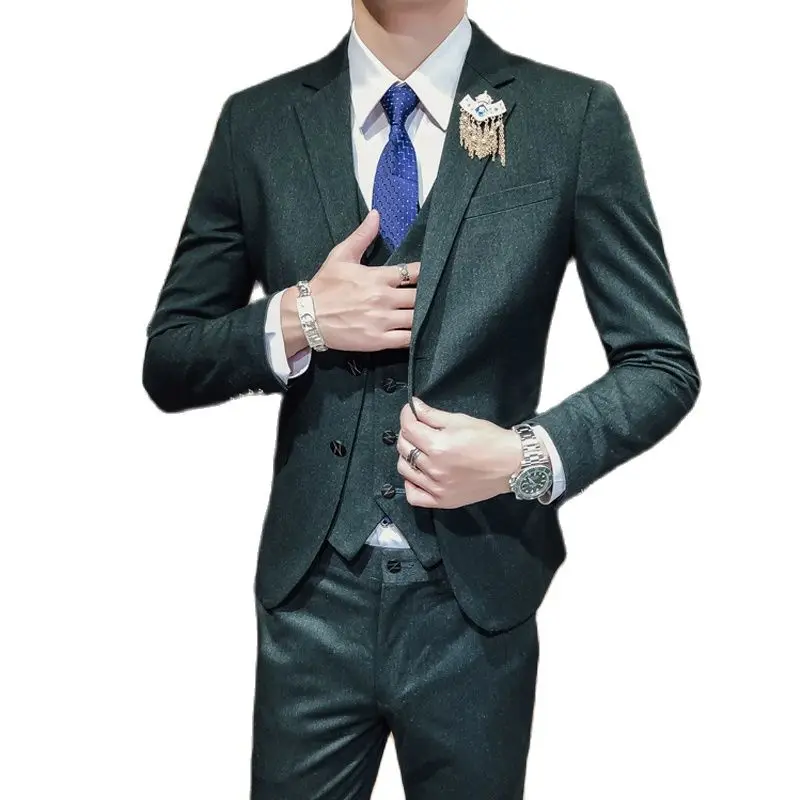 

( Jacket + Vest + Pants ) Solid Color Men's Formal Business Suit Party Show Stage Slim Suits Three-piece Set Groom Wedding Dress
