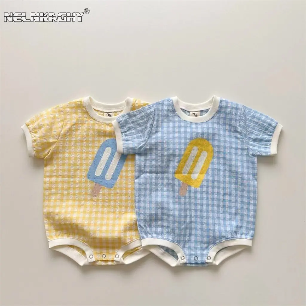 Newborn Baby Girls Boys Short Sleeve Plaid Ice Cream Print Jumpsuits Toddler Cotton Thin Clothing Infant Kids Bodysuits 유아복