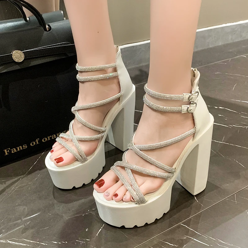 

2023 Summer New Rhinestone Open Toe Waterproof Platform Thick Heel Sandals for Women Sexy One Piece Strap Super High Heel Sandal